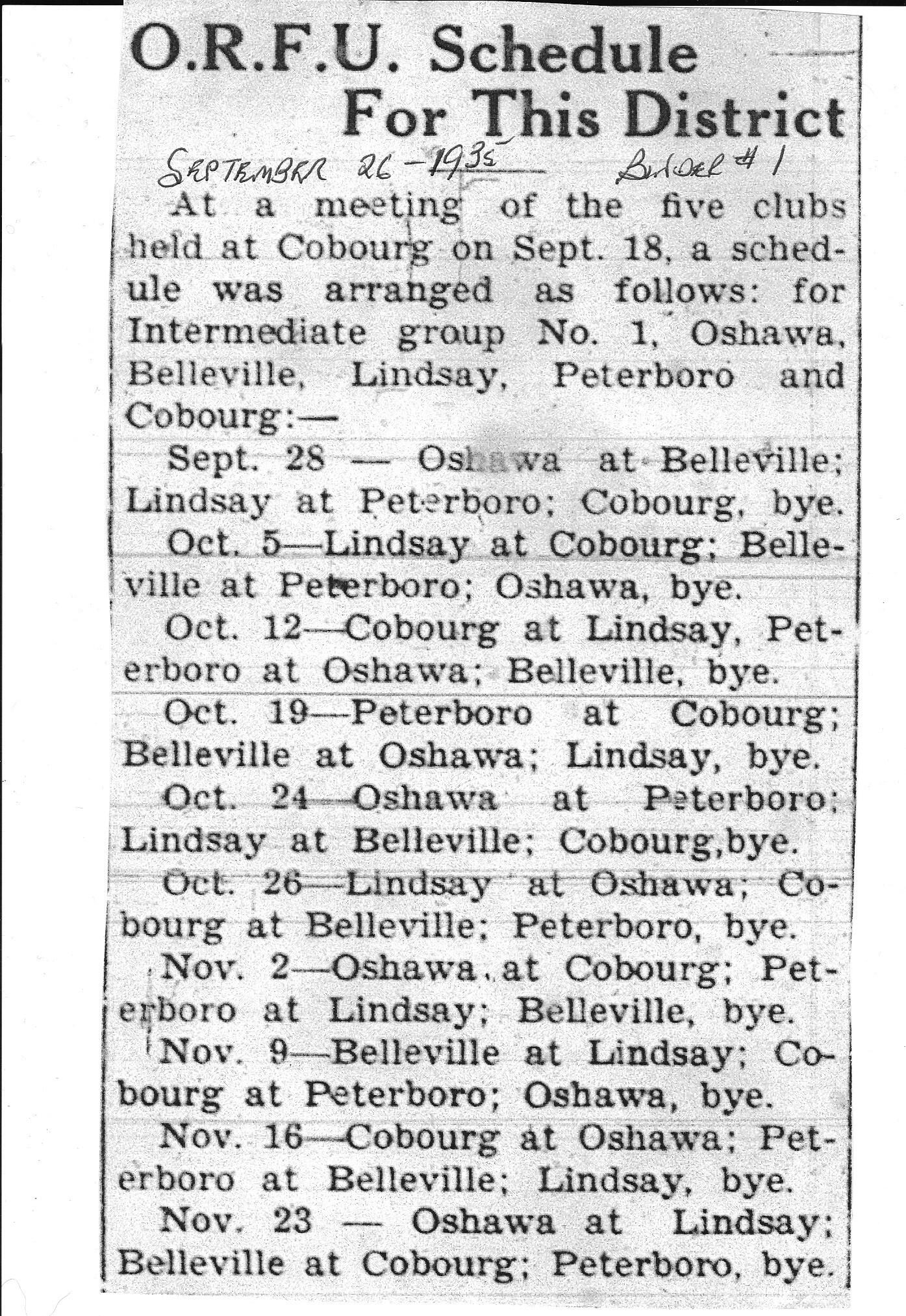 Football -Cobourg -1935-09-26 -ORFU Intermediates Schedule