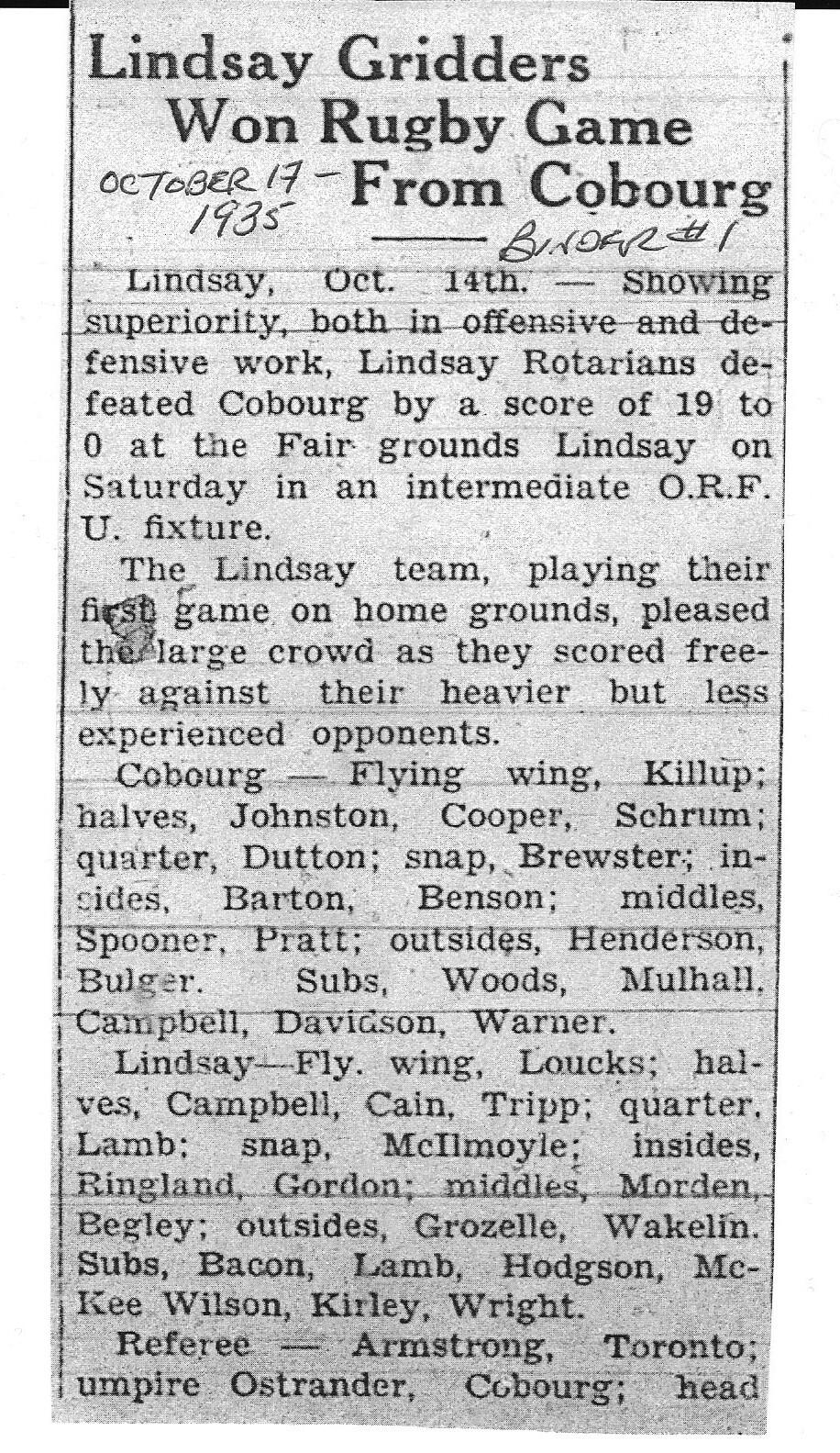 Football -Cobourg -1935-10-17 -Intermediates vs Lindsay