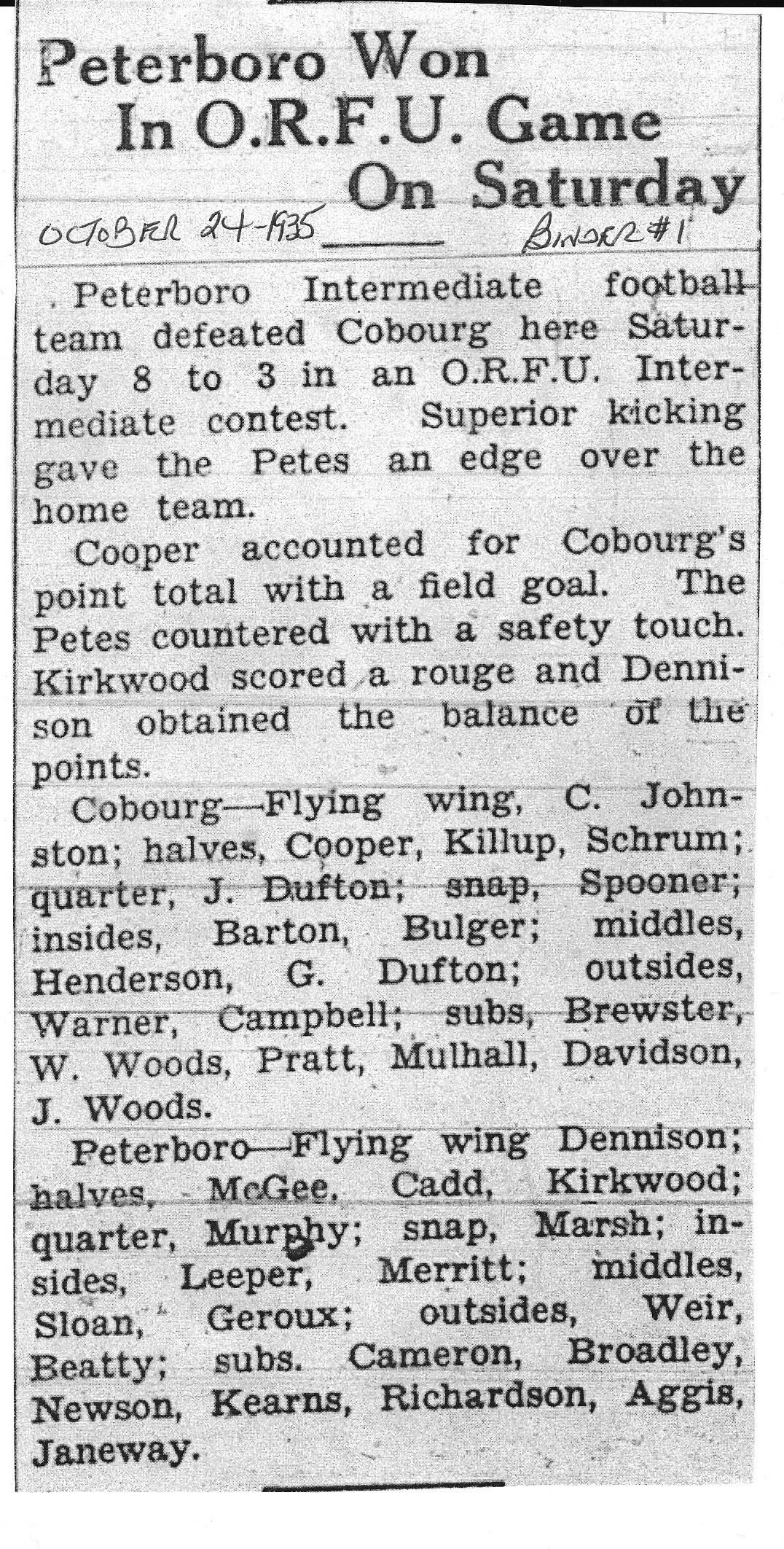 Football -Cobourg -1935-10-24 -Intermediates vs Ptbo