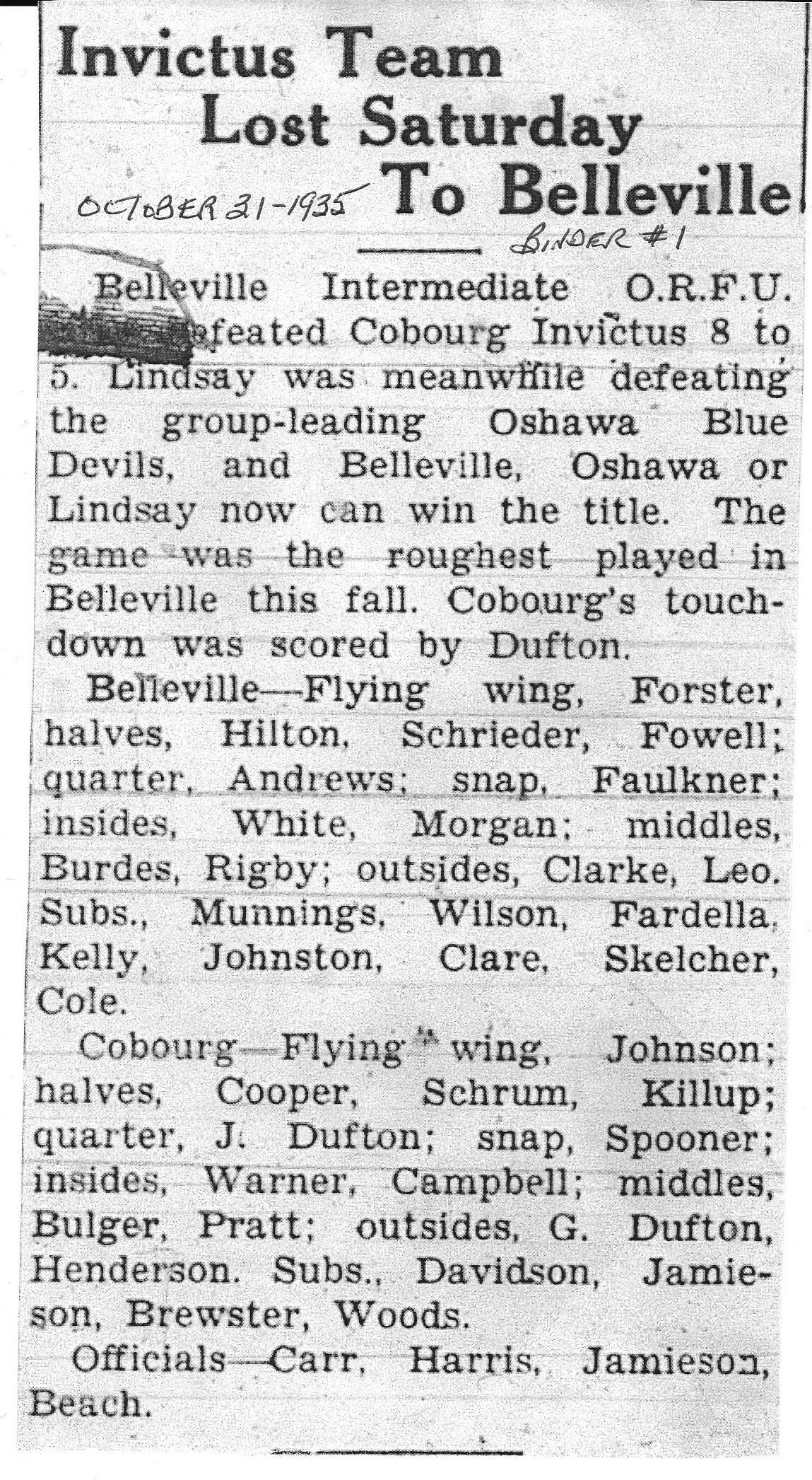 Football -Cobourg -1935-10-31 -Intermediates vs Belleville