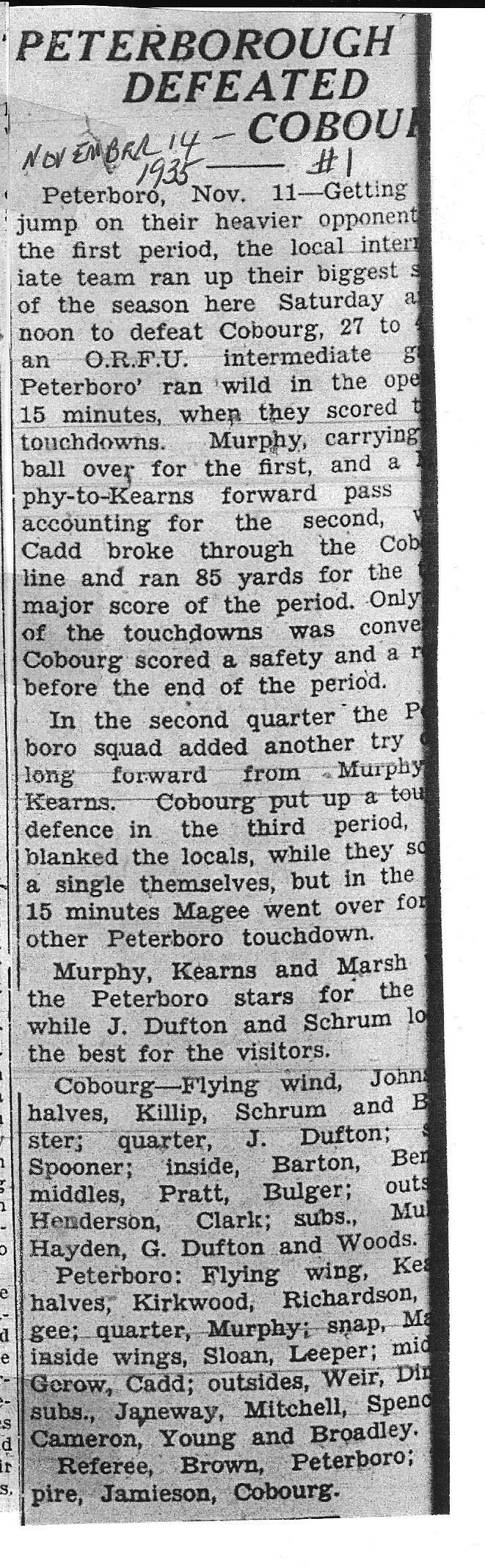 Football -Cobourg -1935-11-14 -Intermediates vs Ptbo