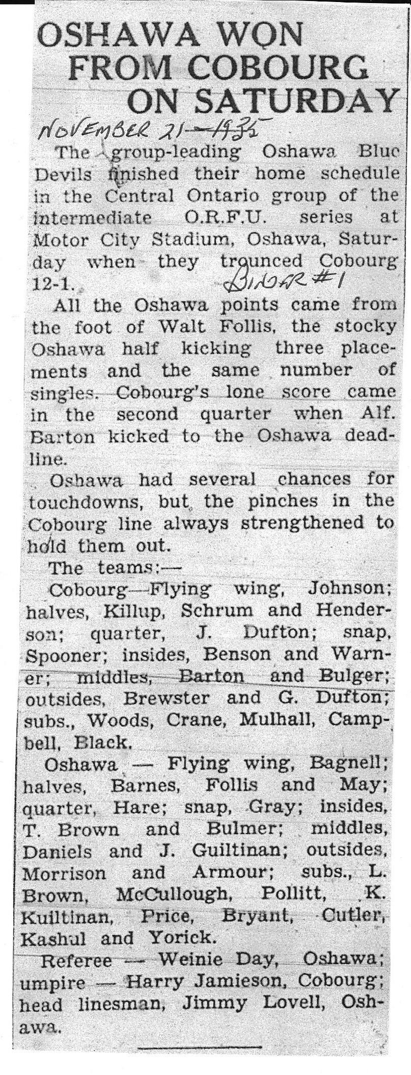 Football -Cobourg -1935-11-21 -Intermediates vs Oshawa