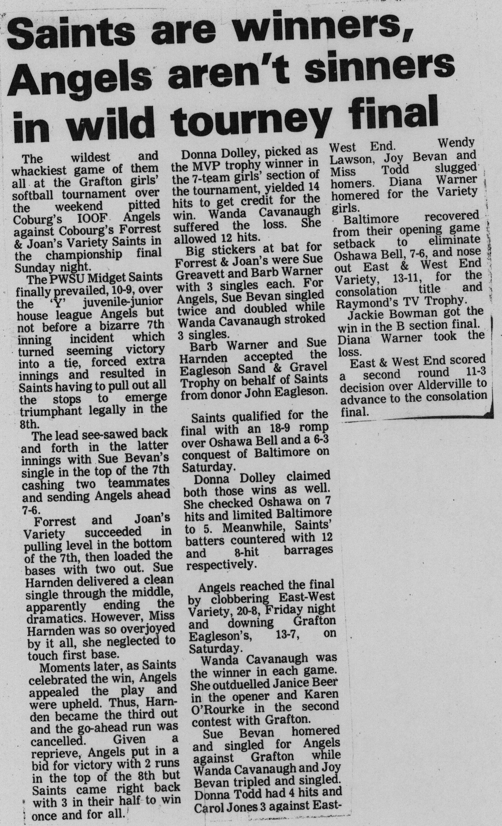 Softball -Grafton Tournament -1974 -Ladies-Summary