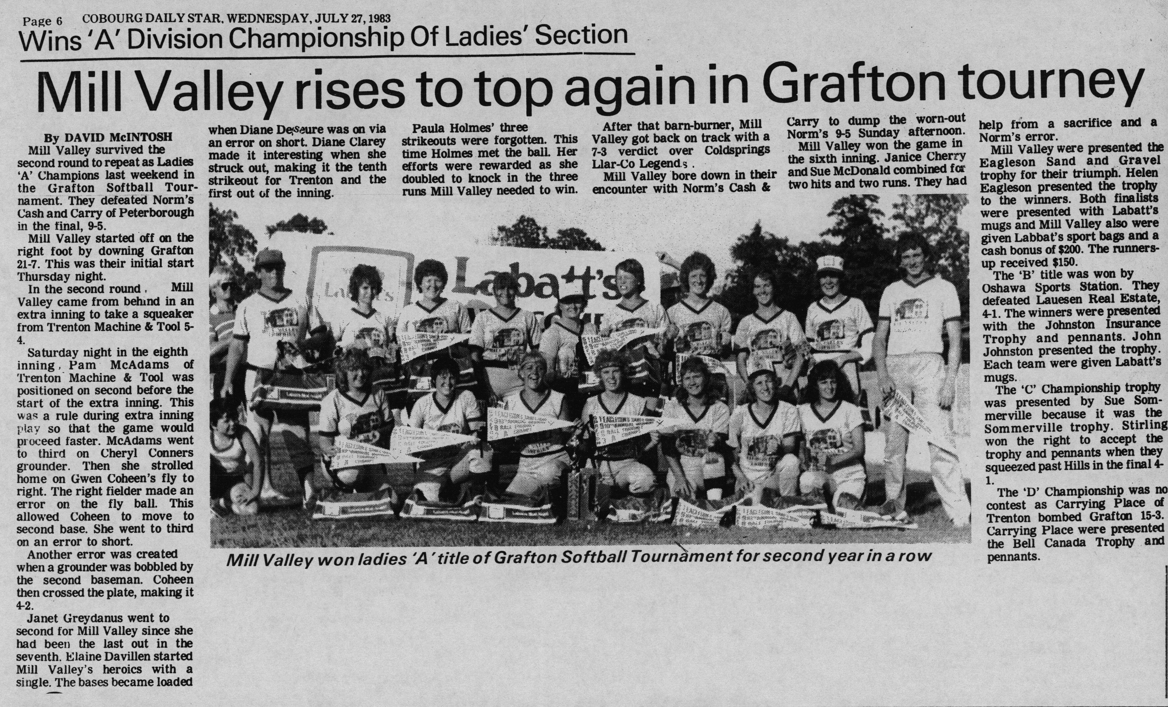 Softball -Grafton Tournament -1983 -Ladies -Summary and A Champs -Mill Valley