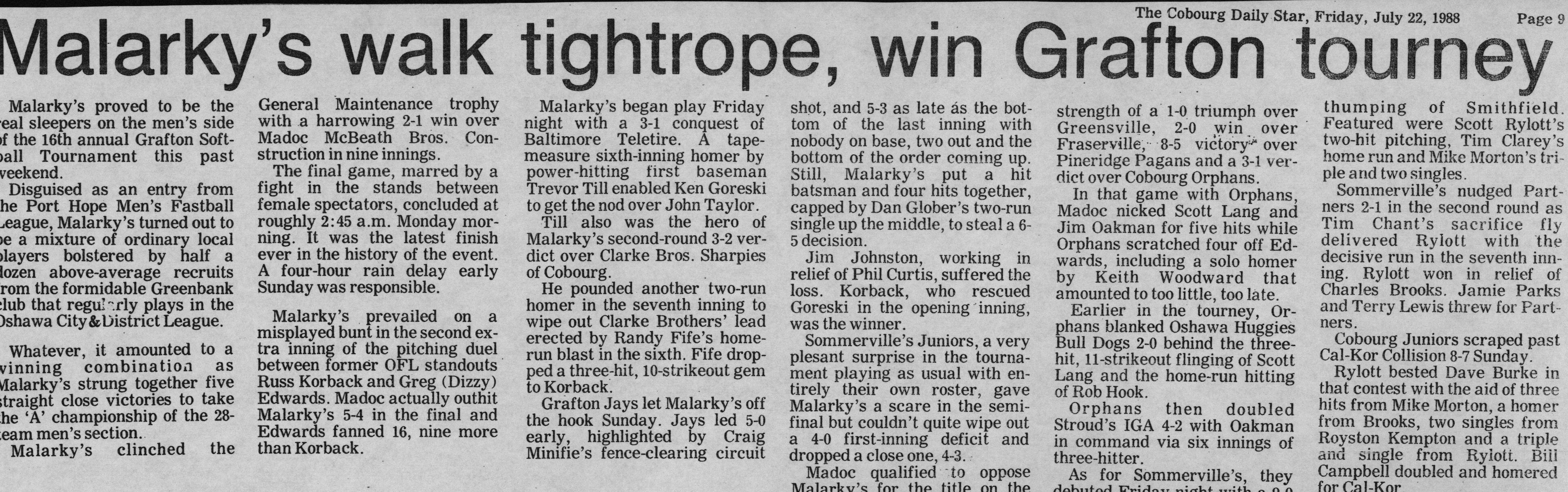 Softball -Grafton Tournament -1988 -Mens-Summary