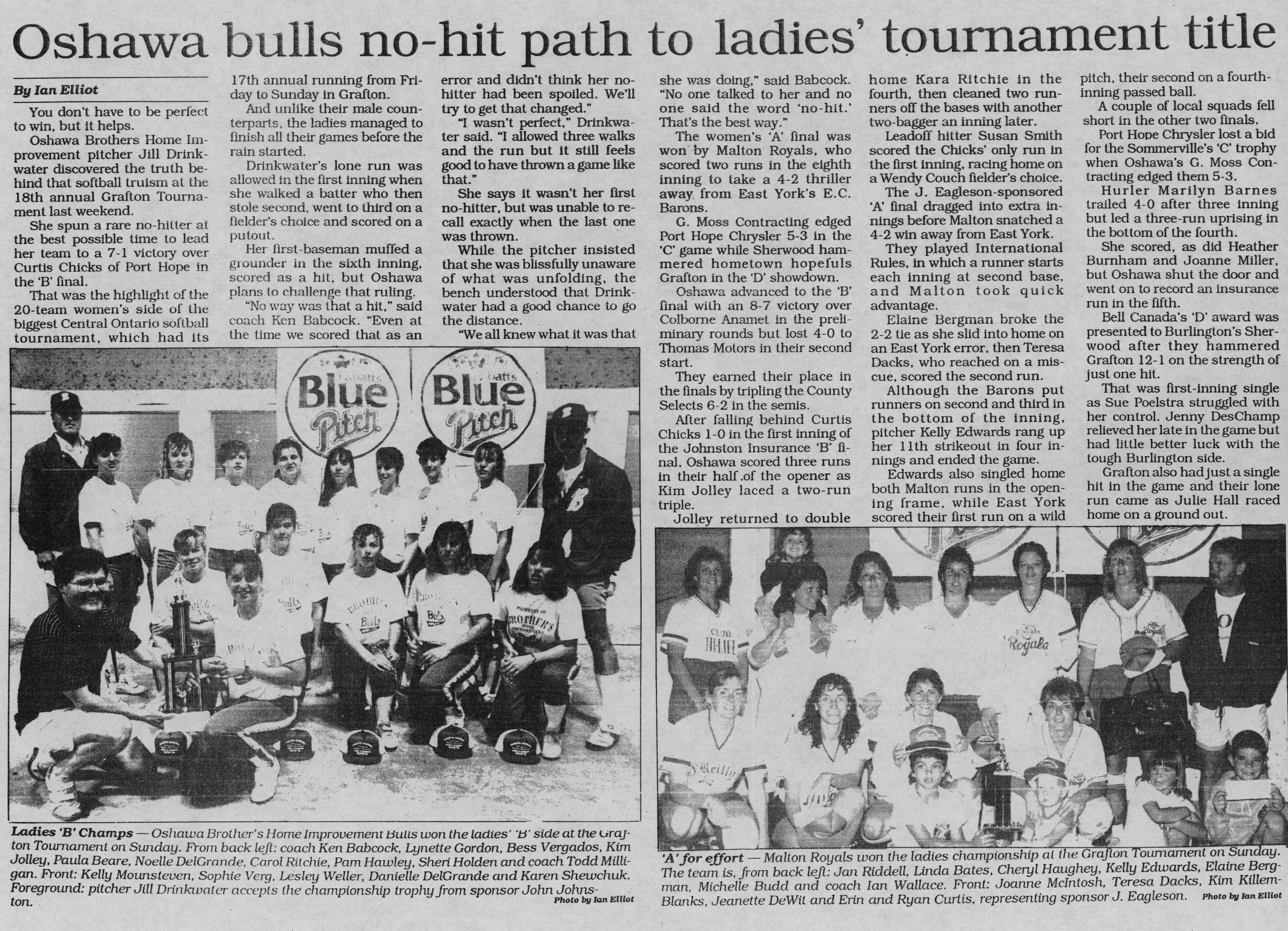 Softball -Grafton Tournament -1990 -Ladies-Summary and A and B Champs-Malton and Oshawa