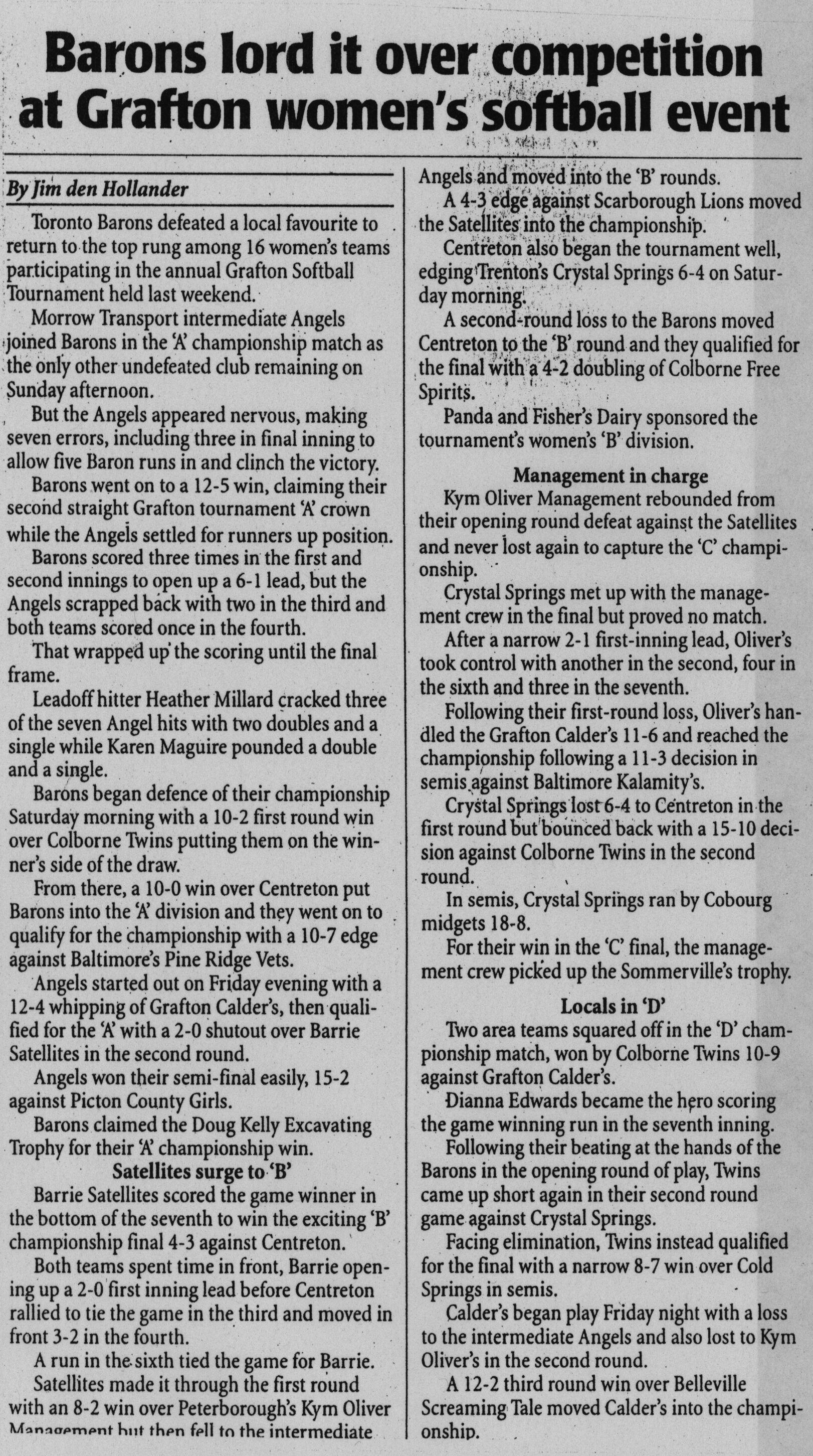 Softball -Grafton Tournament -1996 -Ladies-Summary