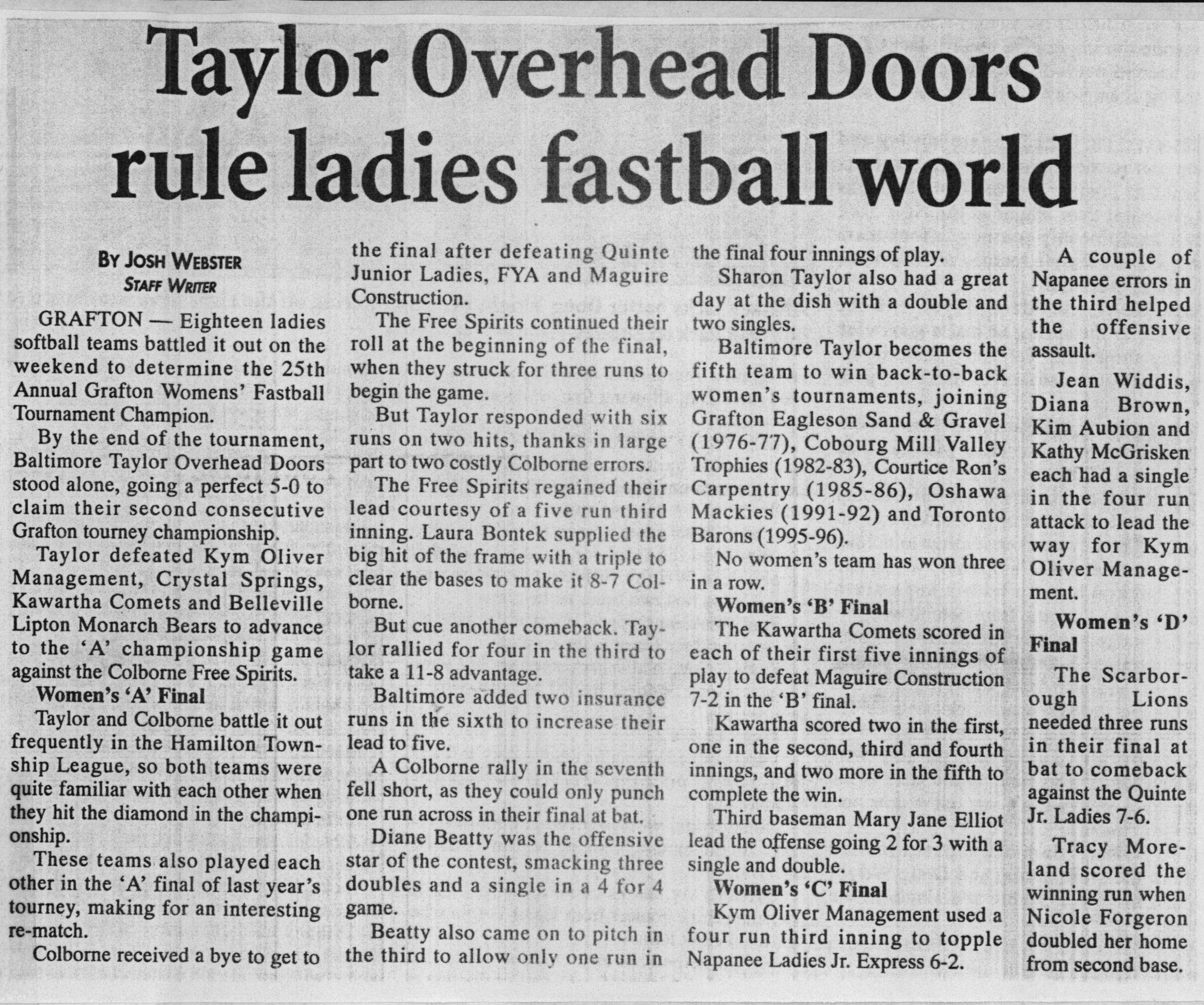 Softball -Grafton Tournament -1998 -Ladies-Summary