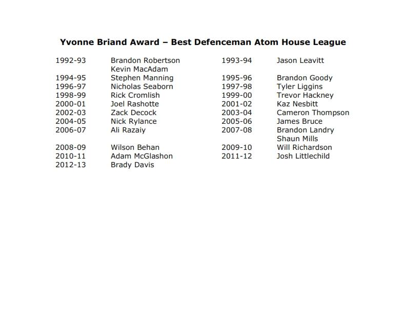 T&P-13a Yvonne Briand Award – Best Defenceman Atom House League