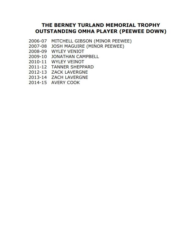 T&P-28a Berney Turland Memorial - Outstanding OMHA Player (PeeWee Down)