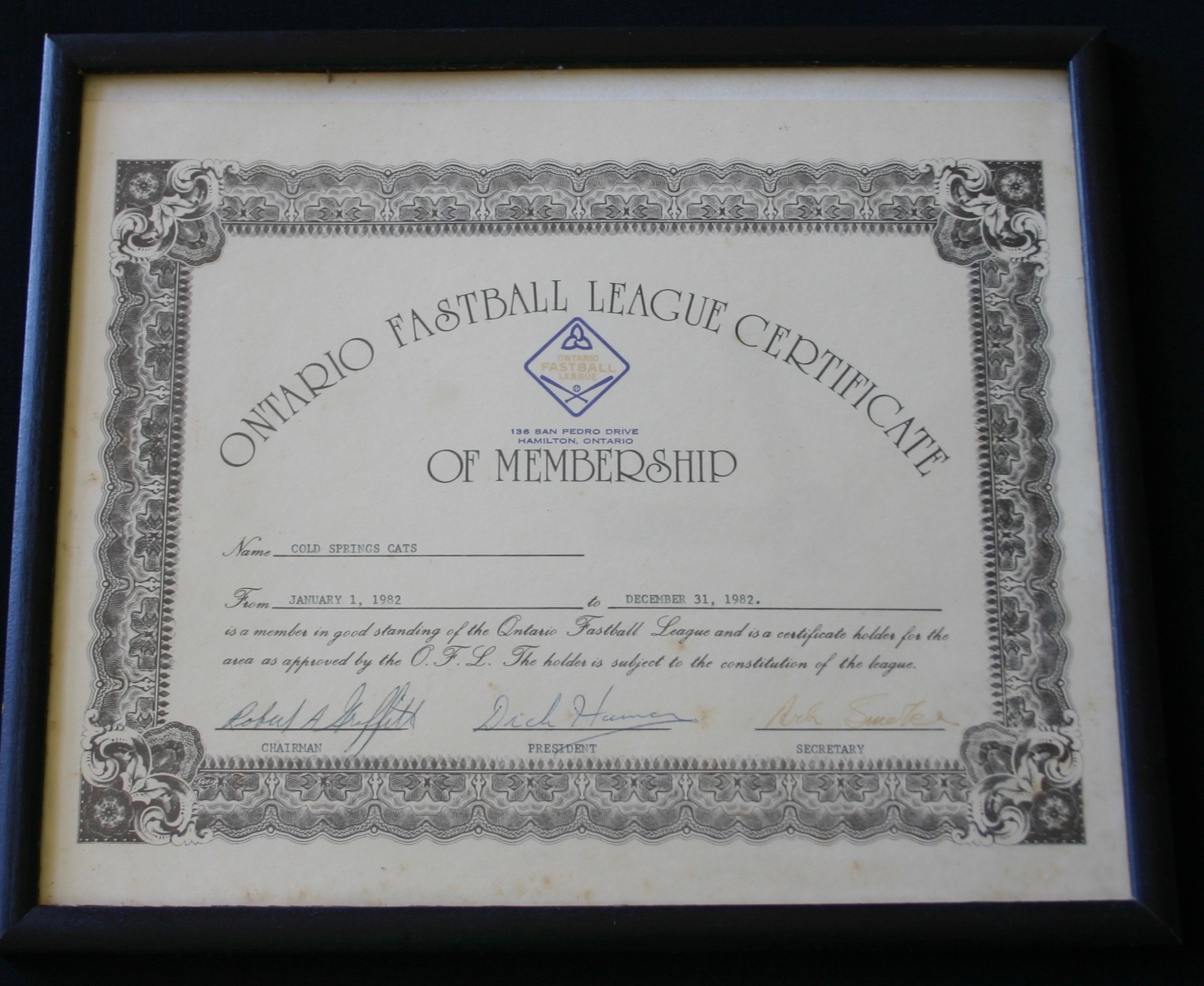 1982 Cold Springs Cats OASA membership doc