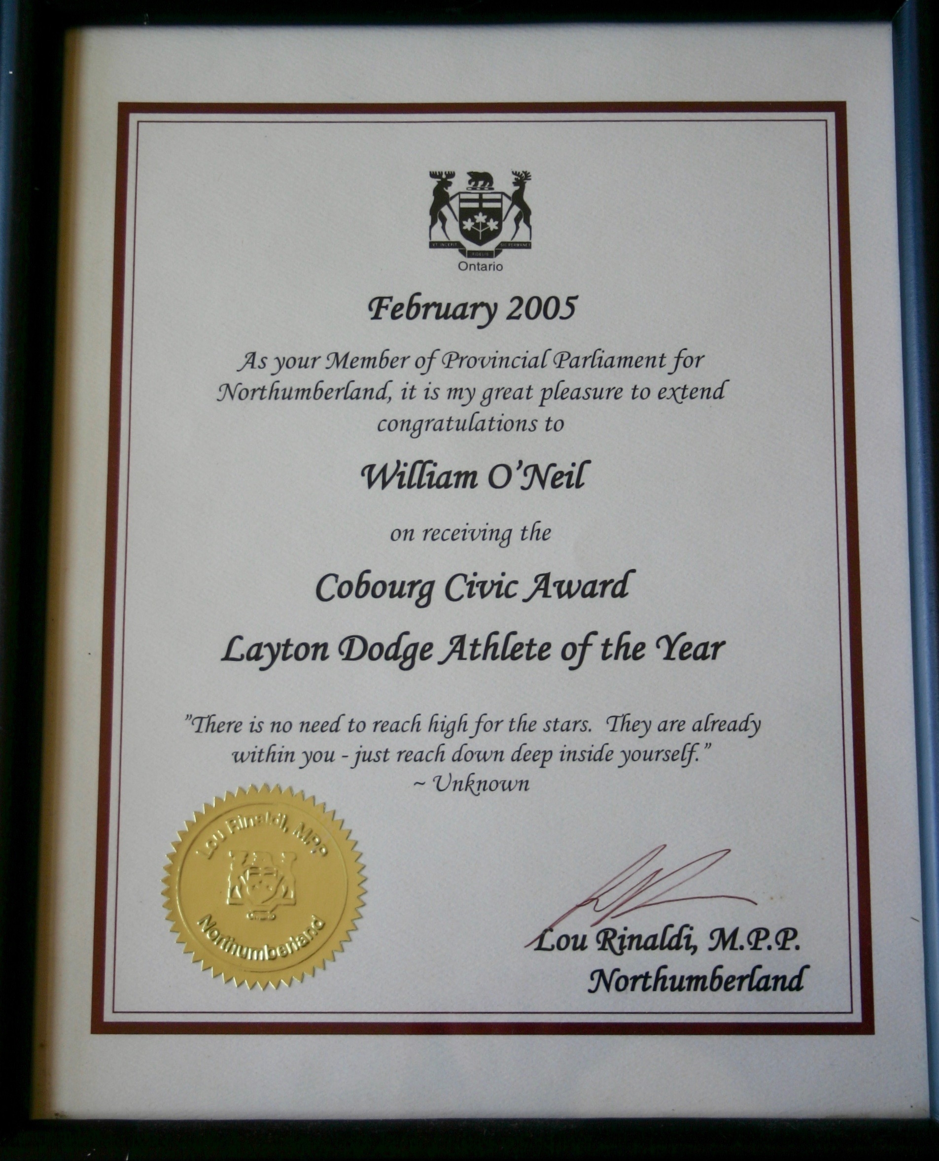 2005 Bill O'Neil certificate from Ontario