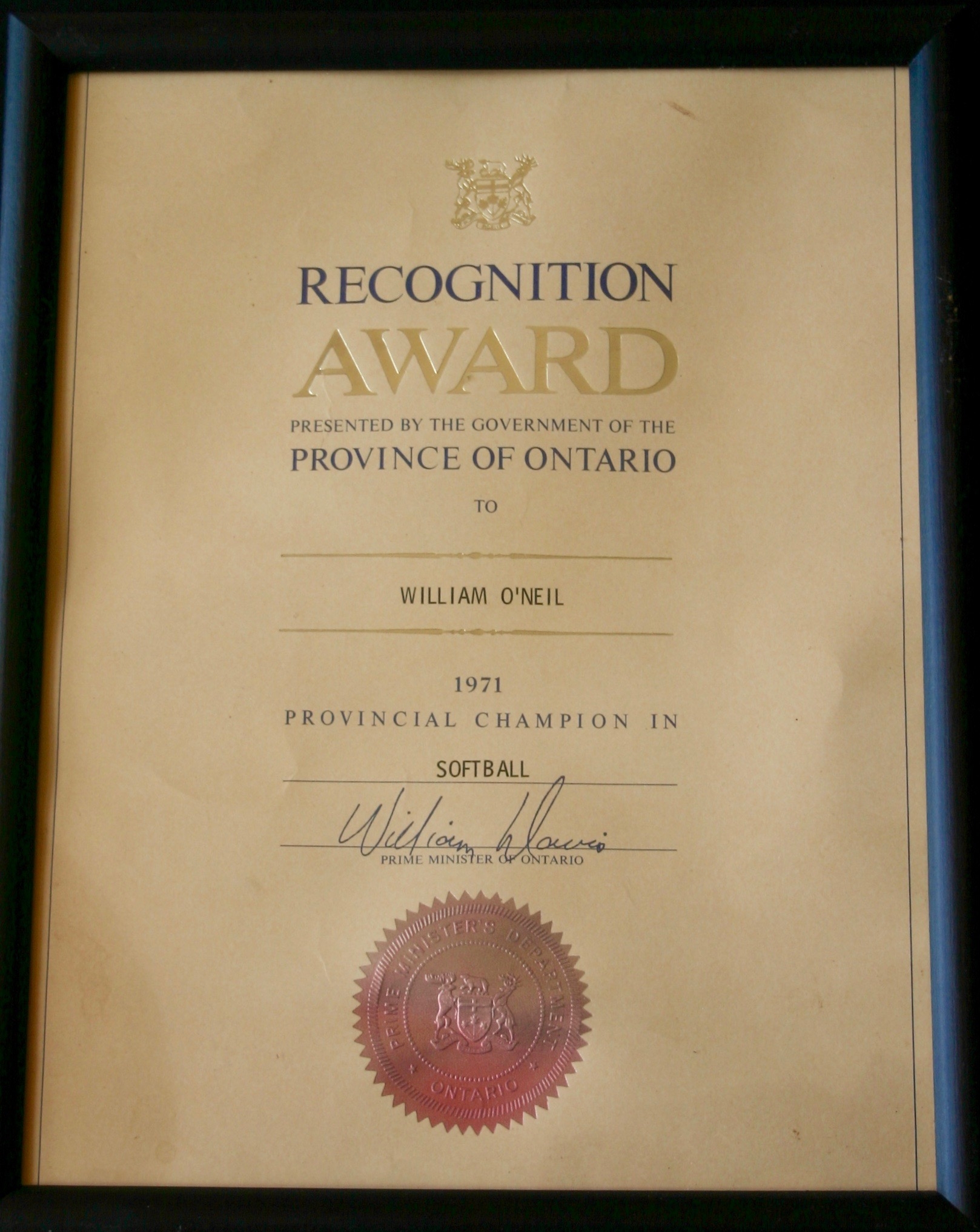 1971 Bill O'Neil award softball champs Ontario