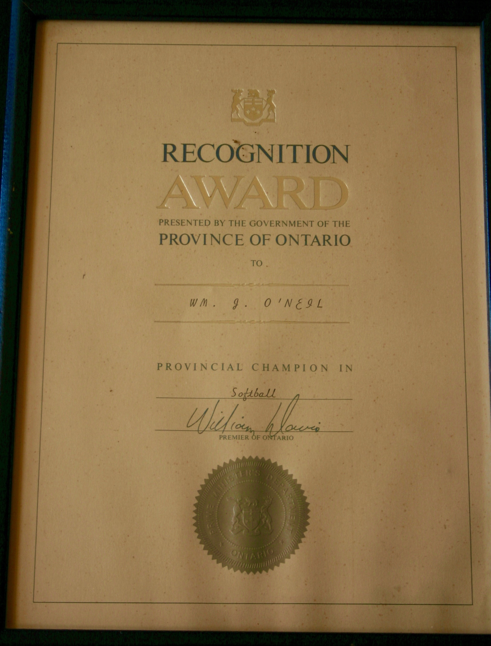 Bill O'Neil softball recognition Ontario Gov't