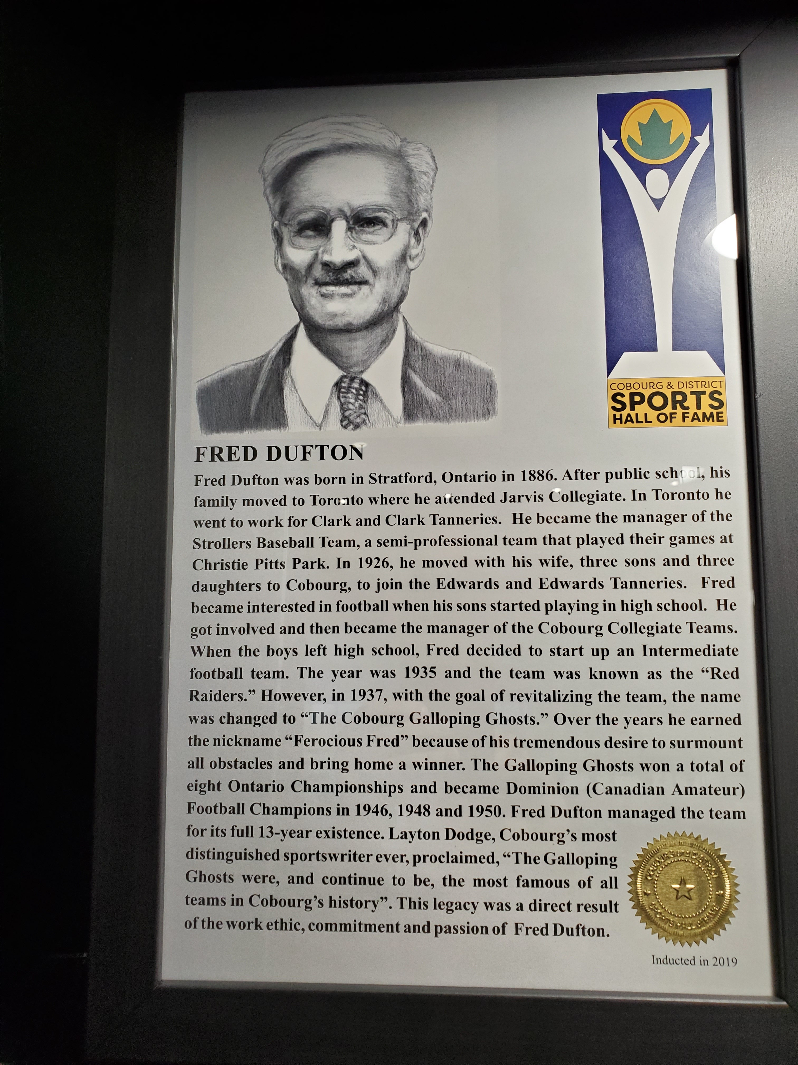 2019 Fred Dufton Induction Certificate