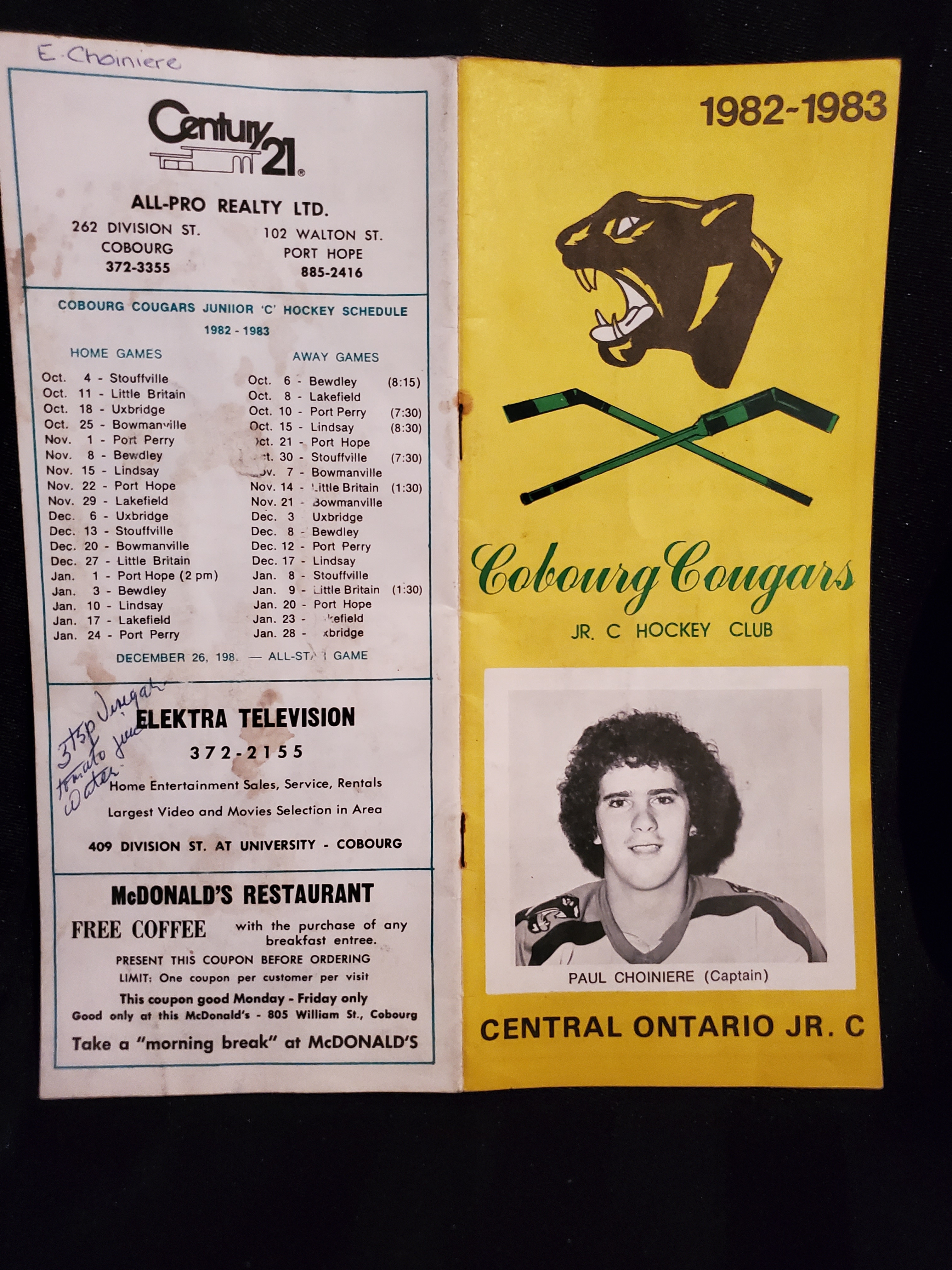 1983 Cobourg Cougars program vs Port Hope