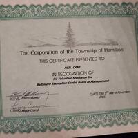 2001 Neil Cane certificate from Hamilton Tsp
