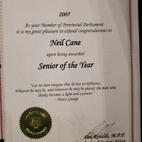 2007 Neil Cane congratulations certificate for Senior of the Year Award from Lou Rinaldi MPP