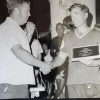 1978 Neil Cane photo Dick Raymond, Convenor Grafton Ball Tournament, presenting appreciation plaque to Neil