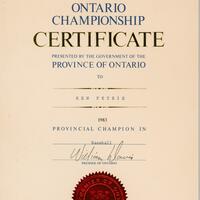 1983 Ken Petrie certificate Provincial Baseball Champion