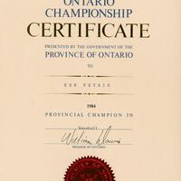 1984 Ken Petrie certificate Provincial Baseball Champion
