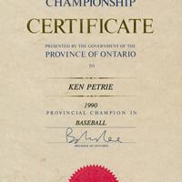 1990 Ken Petrie certificate Provincial Baseball Champion