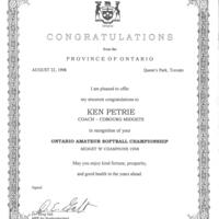1998 Ken Petrie certificate Provincial Softball Champions
