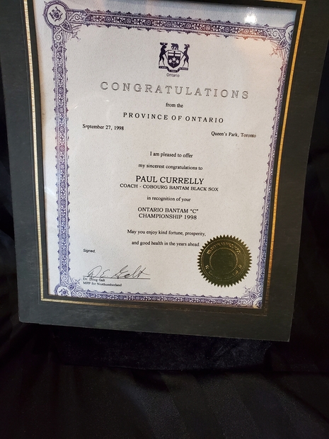 1998 Paul Currelly certificate Province Ontario