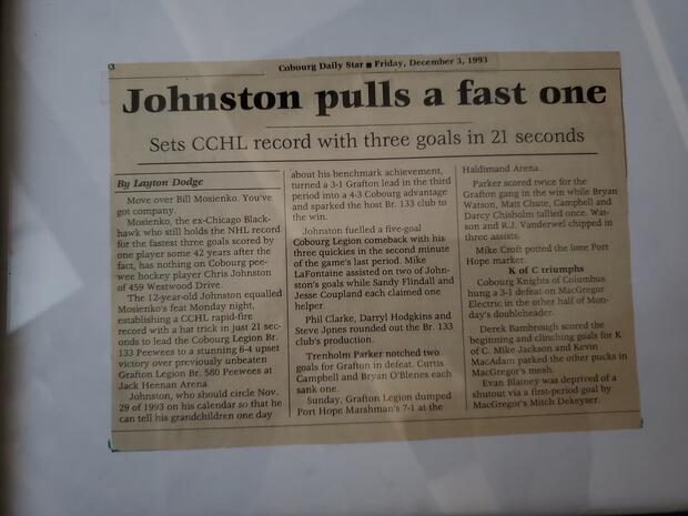 1993 Chris Johnston scores 3 goals in 21 seconds