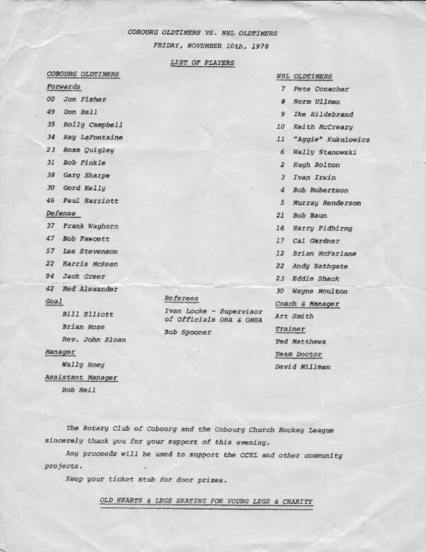 1978 Player list Cobourg Oldtimers vs NHL Oldtimers