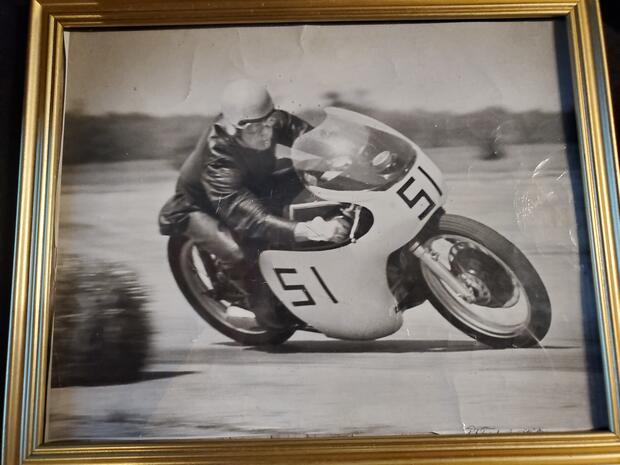 1966 John (Pot) Fox photo racing his motorcycle #51 at Mosport race track
