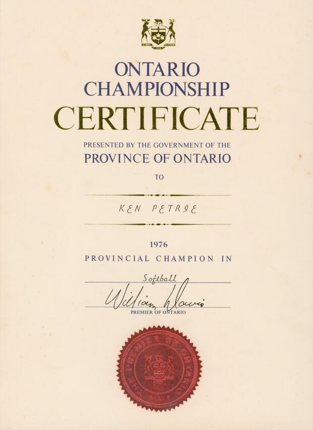 1976 Ken Petrie certificate Softball Provincial Champion