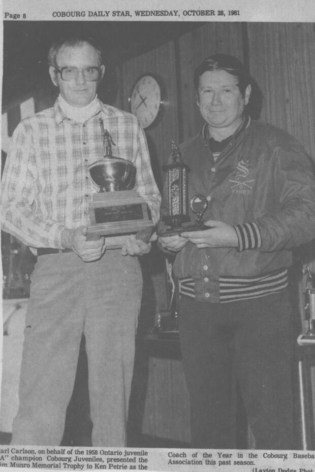 1981 Ken Petrie wins Cobourg Baseball Coach of Year