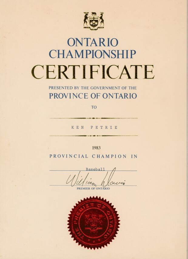 1983 Ken Petrie certificate Provincial Baseball Champion