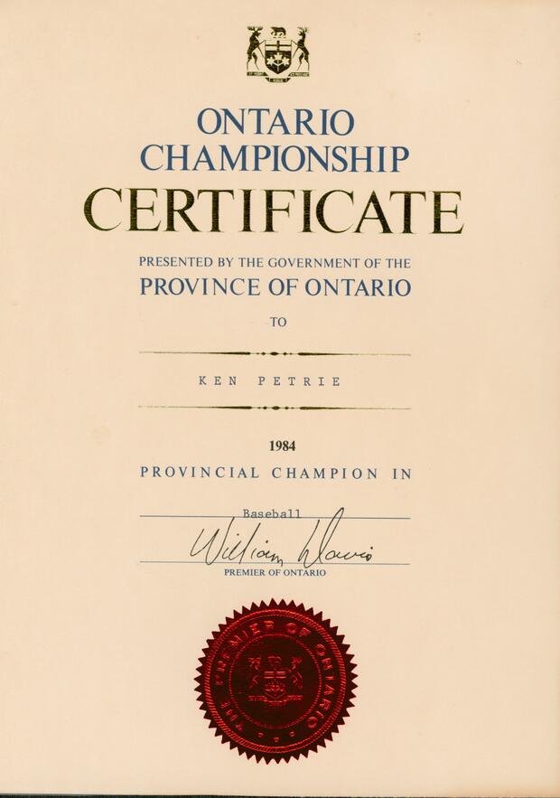 1984 Ken Petrie certificate Provincial Baseball Champion