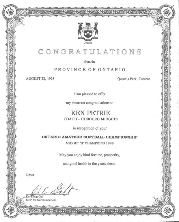 1998 Ken Petrie certificate Provincial Softball Champions