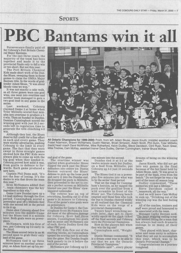 2000 CCHL Port Britain Chemical Major Bantams win OHF, OMHA, Silver Stick championships