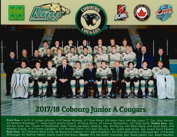 2018 Cobourg Cougars hockey team photo- Junior A