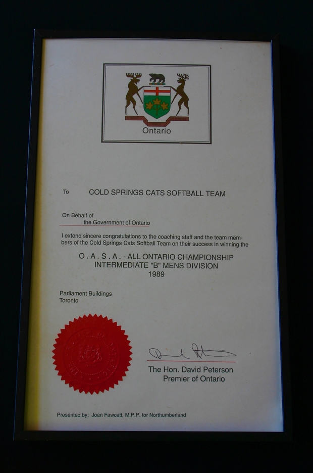 1989 Cold Springs Cats certificate from Ontario