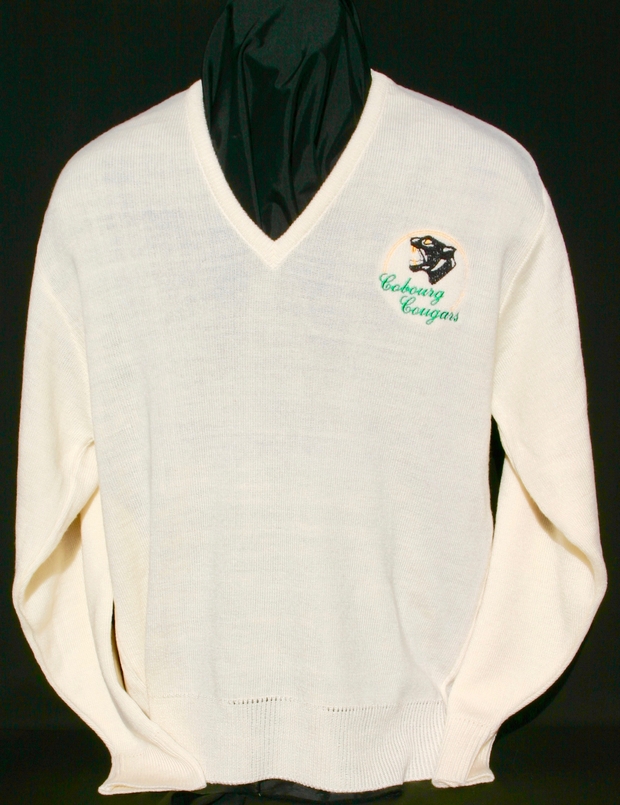 1989 Cobourg Cougars white v-neck sweater