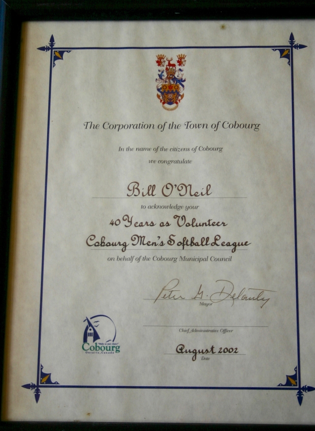 2002 Bill O'Neil 40 year award Town of Cobourg