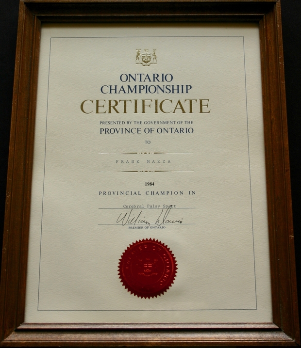 1984 Frank Mazza Ontario championship certificate