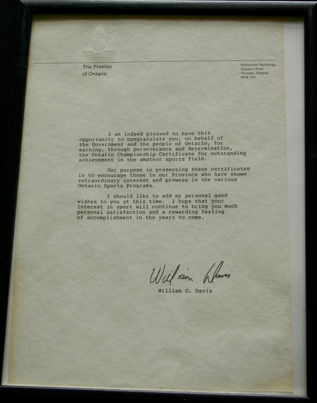 1984 Frank Mazza letter William Davis Premier 1984 Frank Mazza letter William Davis Premier
