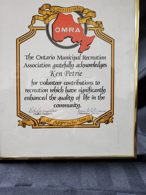 Ken Petrie appreciation certificate Ontario