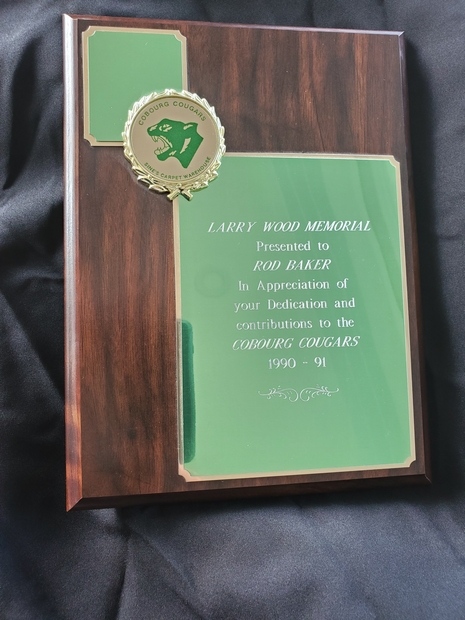 1991 Cobourg Cougars award to Rod Baker