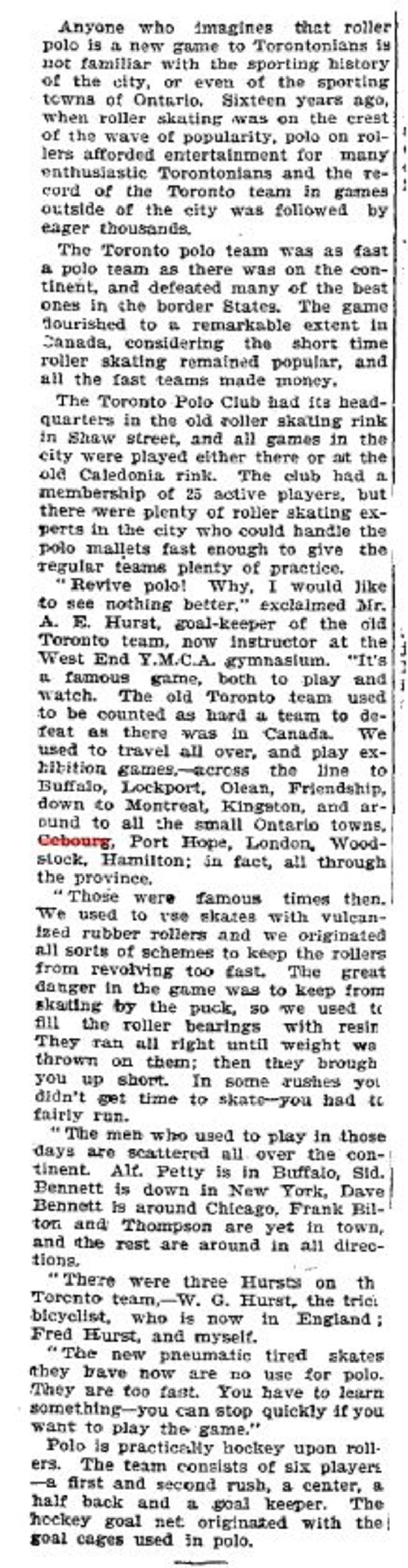 1900-01-22 Roller Polo -Toronto team played at Cobourg