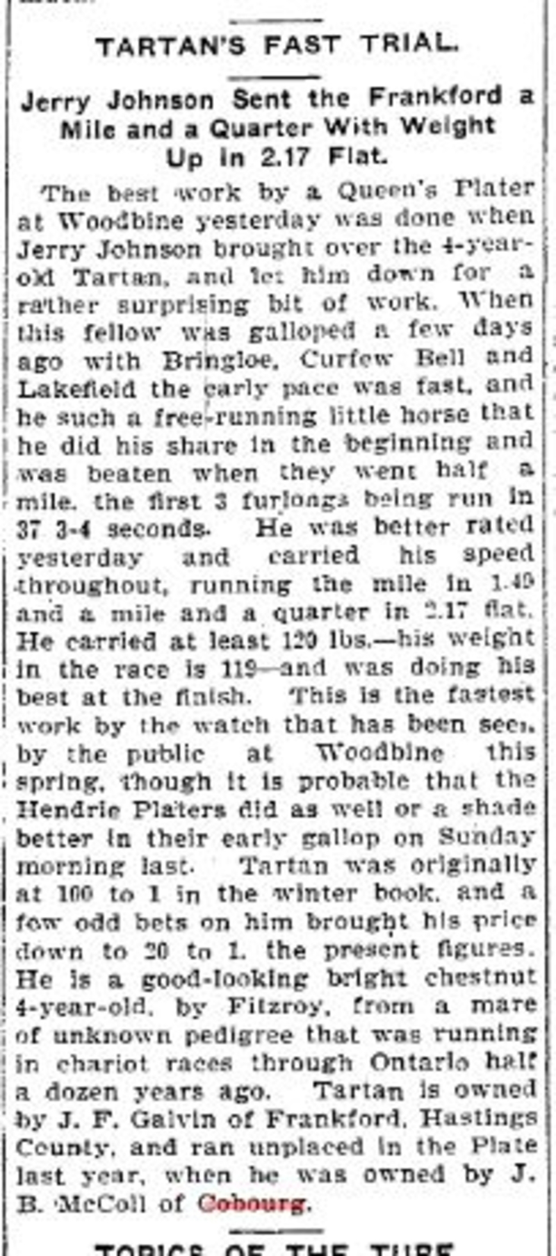 1900-05-16 Horse Racing -Former Cobourg owned horse in Queens Plate