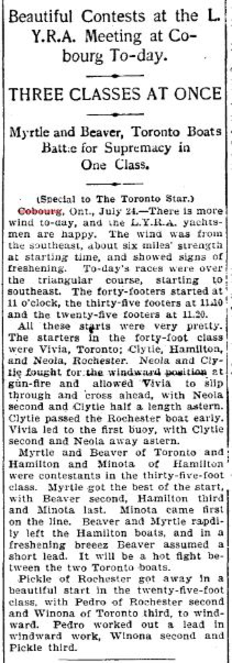 1900-07-24 Yacht Racing -Beautiful racing at Cobourg Rendezvous