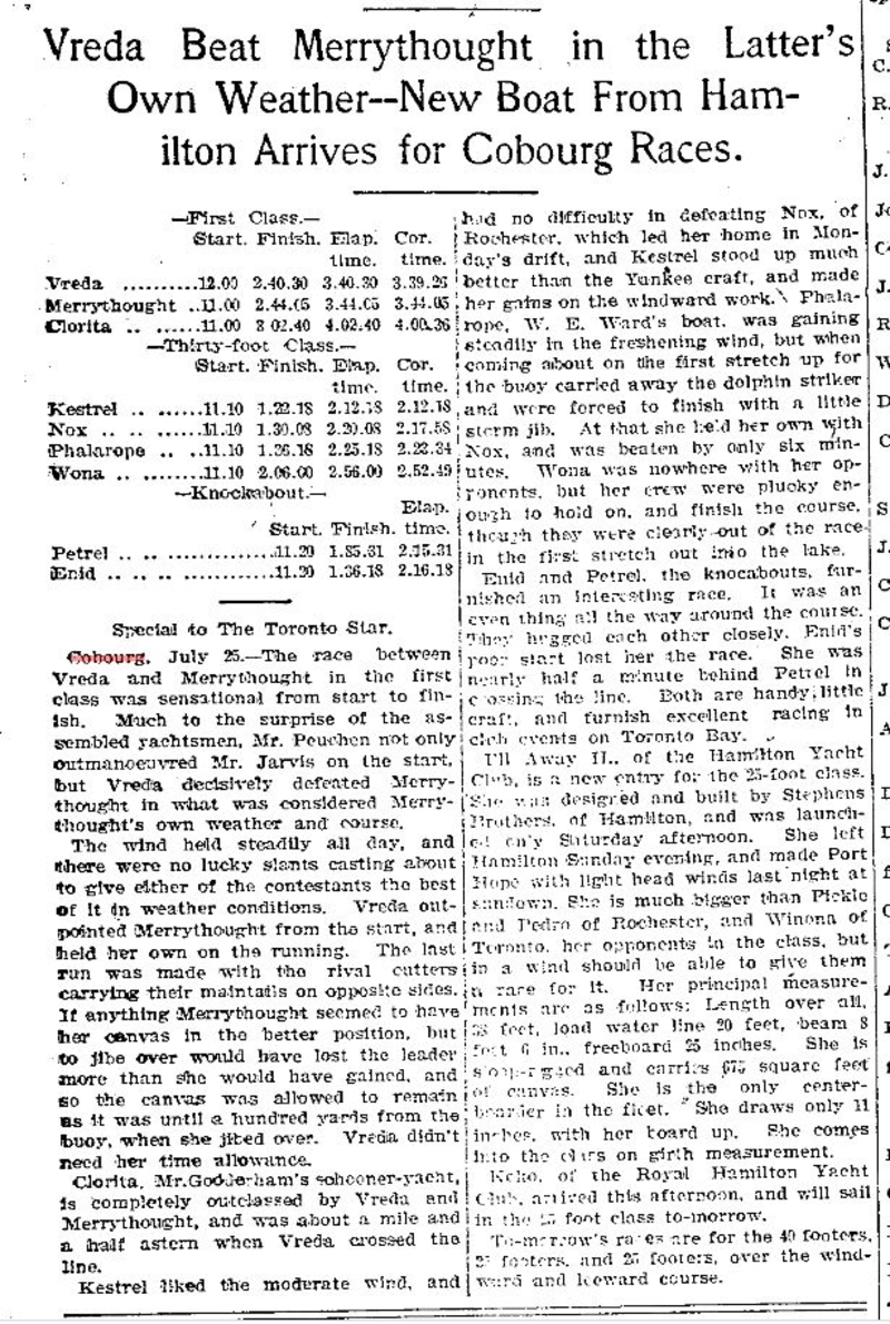 1900-07-26 Yacht Racing -Cobourg Rendezvous Race Results