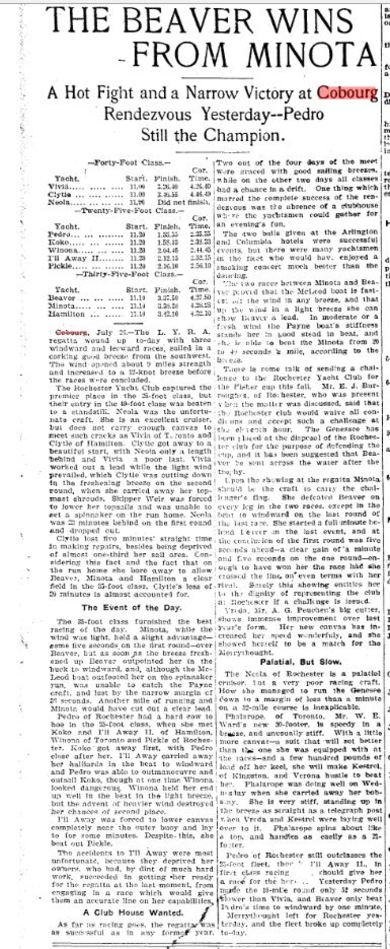 1900-07-27 Yacht Racing -Cobourg Rendezvous Race results